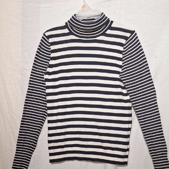 Banana Republic Cashmere Cotton Striped Turtleneck Sweater, Black White - Picture 4 of 10